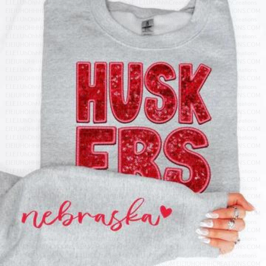 Huskers Faux Sequin Embroidery w/sleeve design